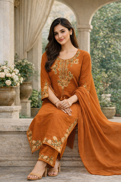 Orange Embroidered Cotton Kurta Set for Women with Dupatta