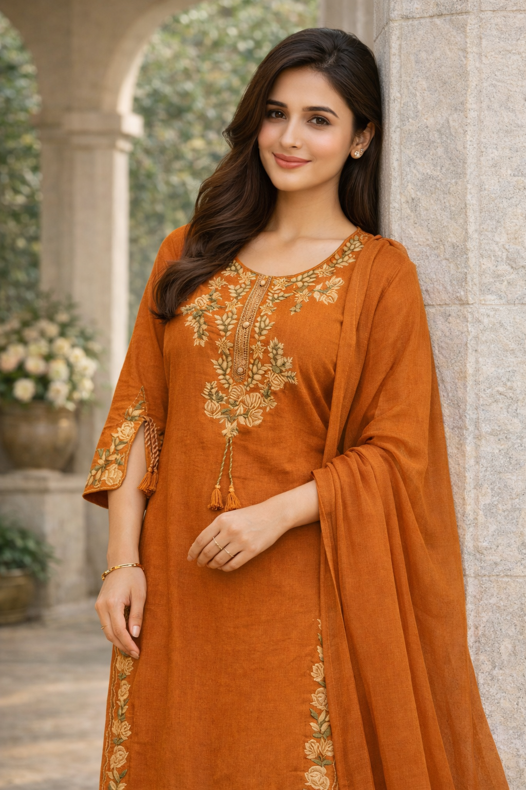 Orange Embroidered Cotton Kurta Set for Women with Dupatta