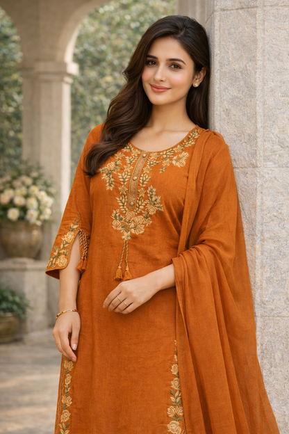 Orange Embroidered Cotton Kurta Set for Women with Dupatta