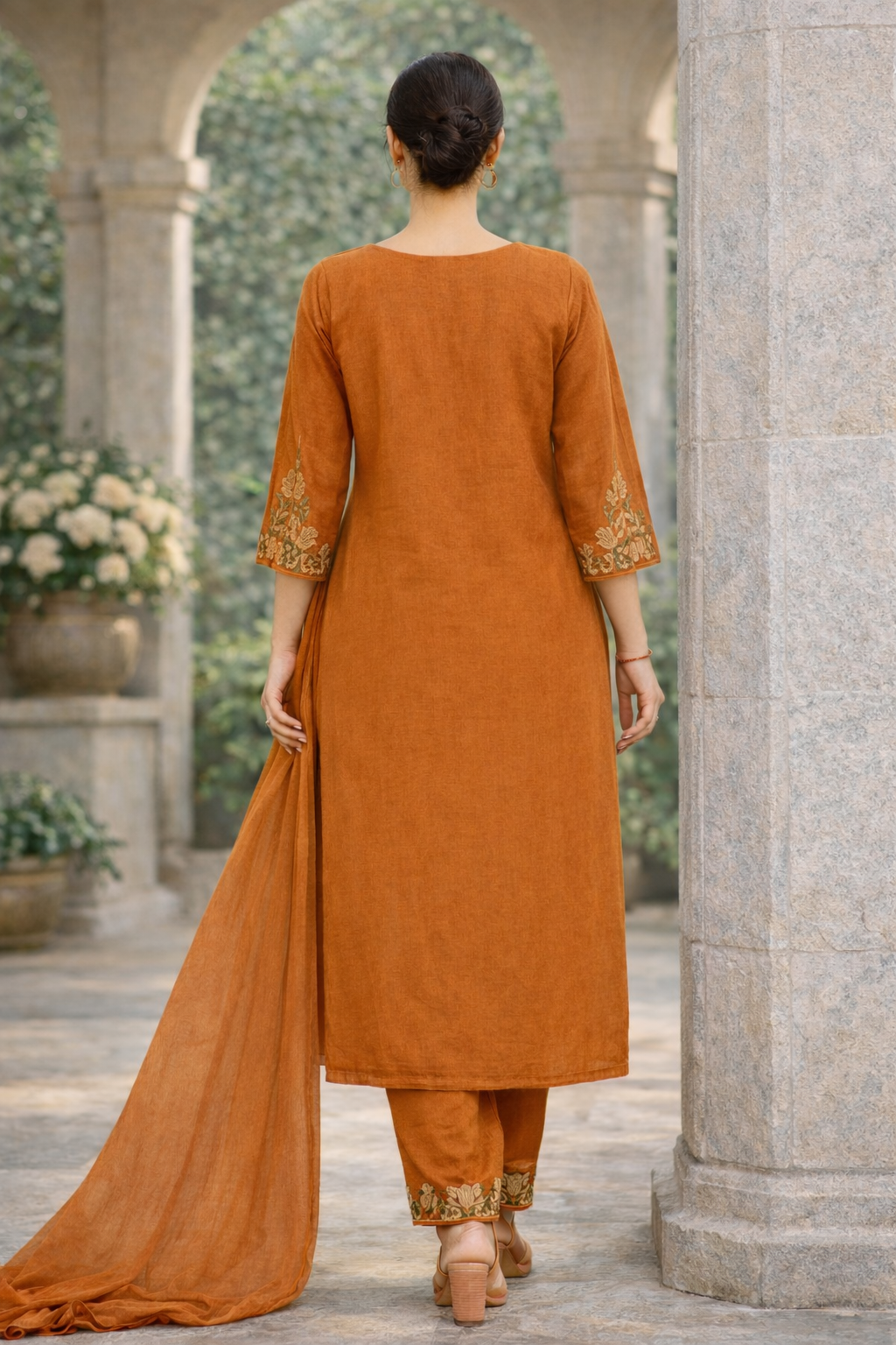 Orange Embroidered Cotton Kurta Set for Women with Dupatta