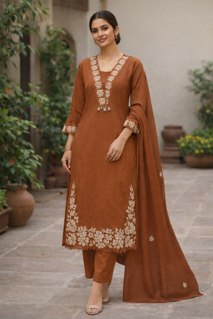 Rust Floral Embroidered Cotton Kurta Set for Women with Dupatta