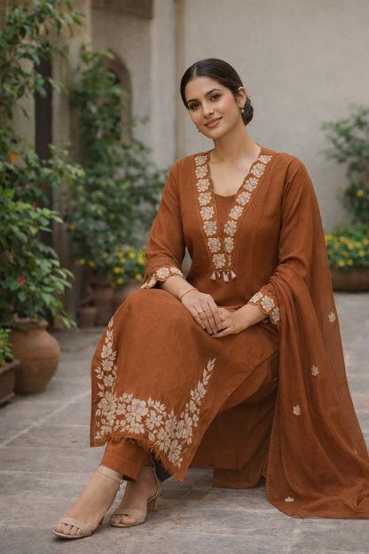 Rust Floral Embroidered Cotton Kurta Set for Women with Dupatta