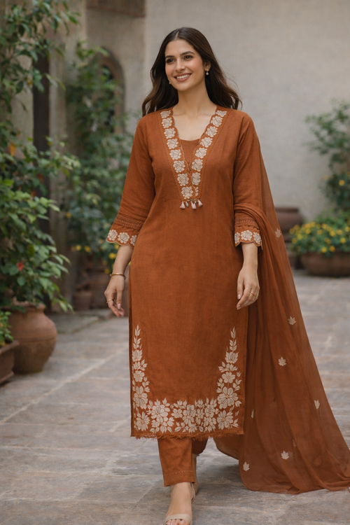 Rust Floral Embroidered Cotton Kurta Set for Women with Dupatta