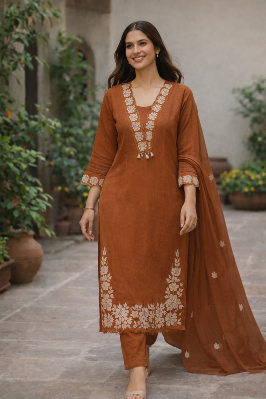 Rust Floral Embroidered Cotton Kurta Set for Women with Dupatta