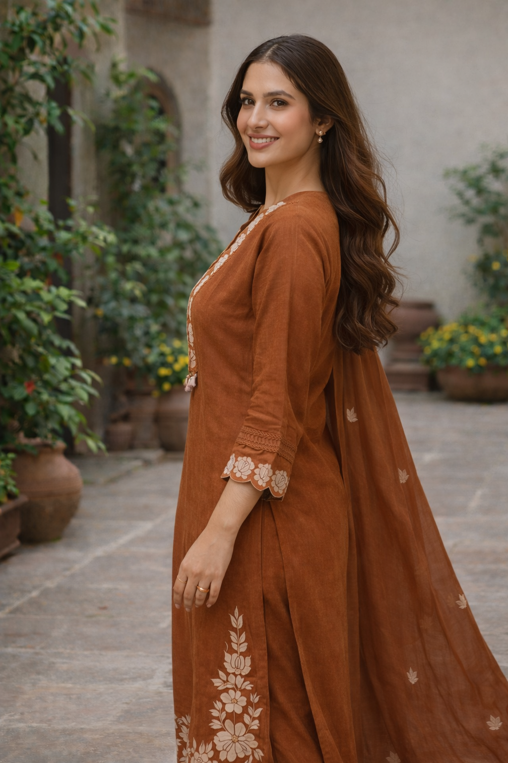 Rust Floral Embroidered Cotton Kurta Set for Women with Dupatta