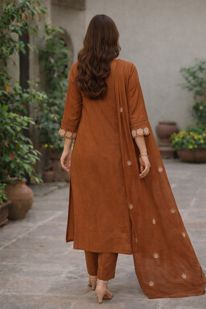 Rust Floral Embroidered Cotton Kurta Set for Women with Dupatta