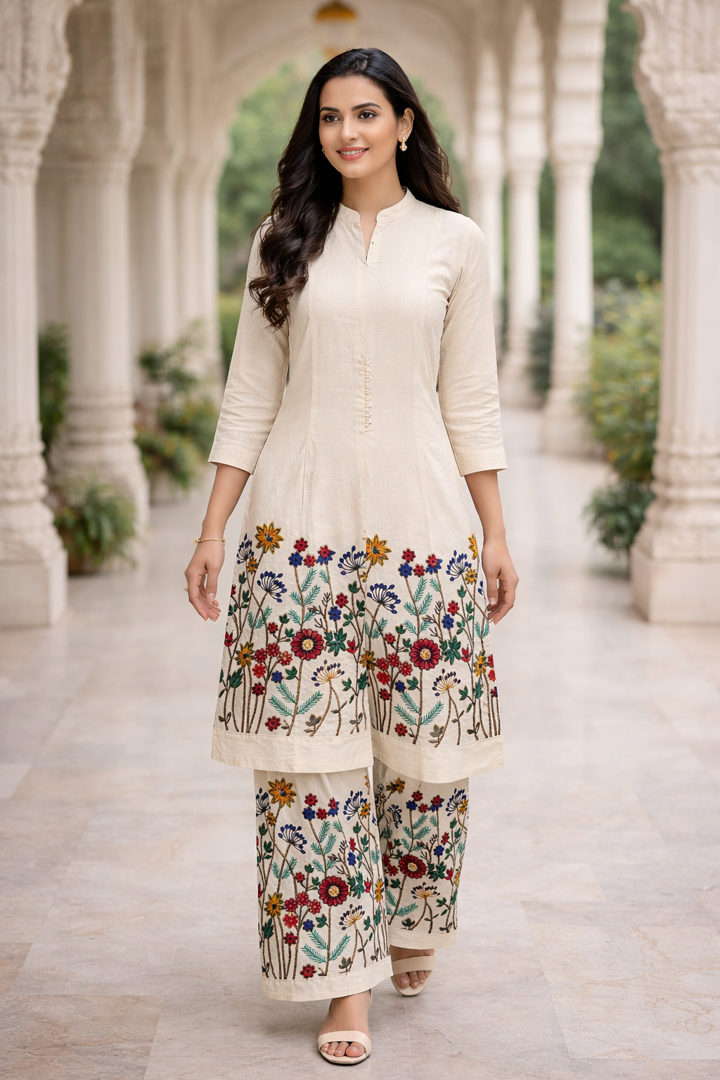 White Khadi Cotton Embroidered Co-Ord Set for Women
