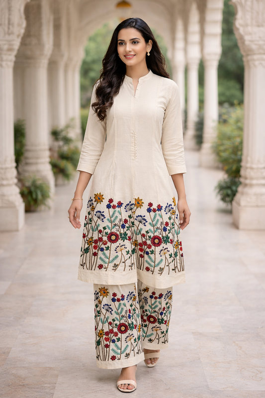White Khadi Cotton Embroidered Co-Ord Set for Women