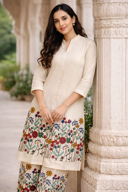 White Khadi Cotton Embroidered Co-Ord Set for Women