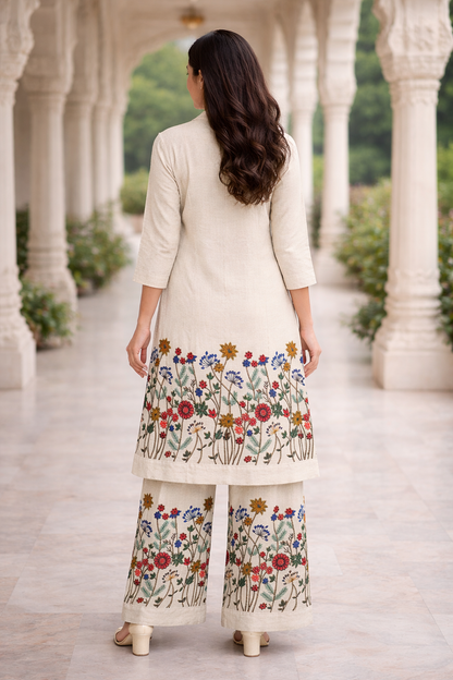 White Khadi Cotton Embroidered Co-Ord Set for Women