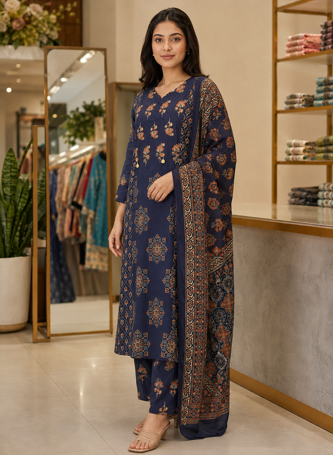 Navy Blue Printed Cotton Kurti Set with Dupatta & Pant