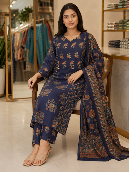 Navy Blue Printed Cotton Kurti Set with Dupatta & Pant