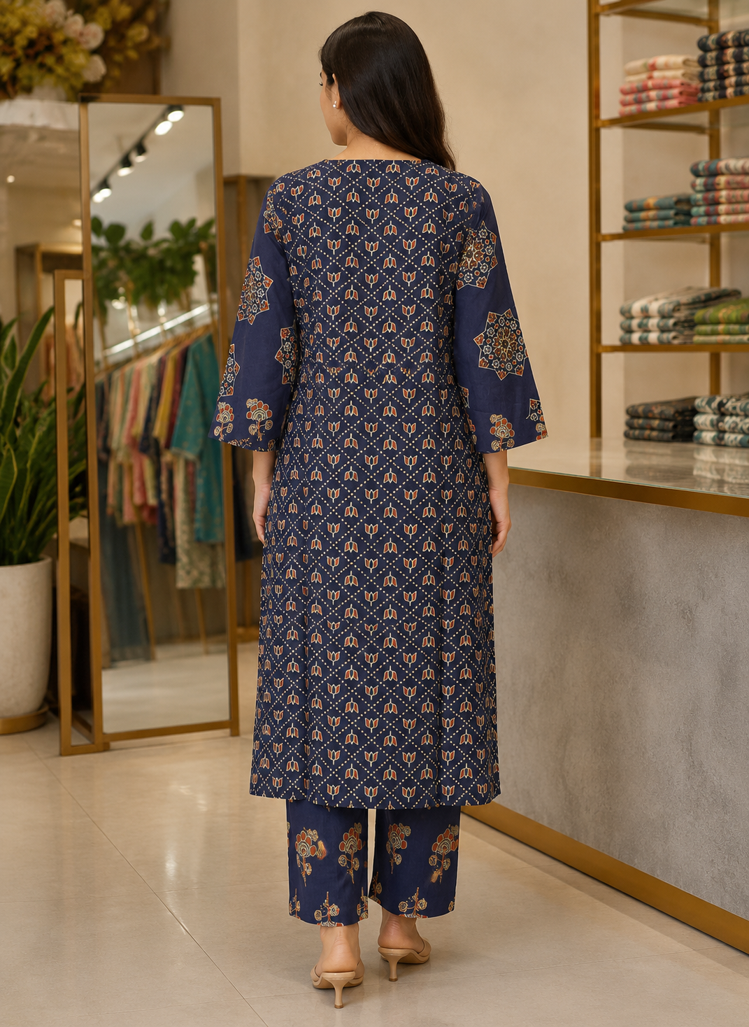 Navy Blue Printed Cotton Kurti Set with Dupatta & Pant