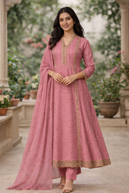 Pink Embroidered Anarkali Kurti Set for Women with Printed Chiffon Dupatta