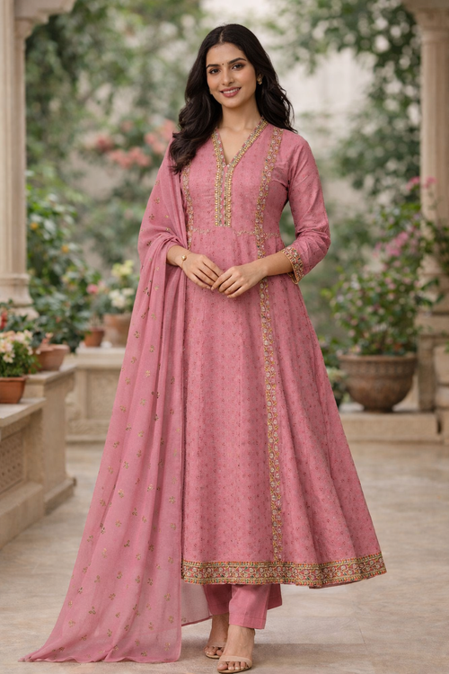 Pink Embroidered Anarkali Kurti Set for Women with Printed Chiffon Dupatta