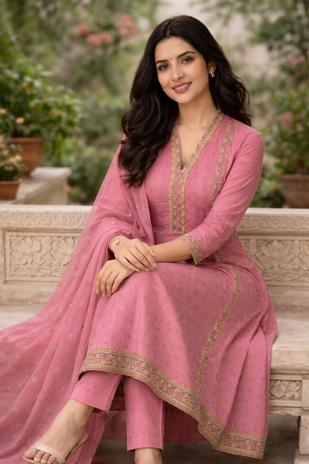 Pink Embroidered Anarkali Kurti Set for Women with Printed Chiffon Dupatta
