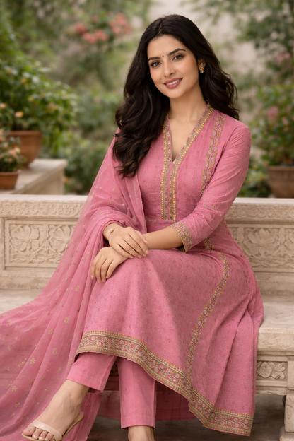Pink Embroidered Anarkali Kurti Set for Women with Printed Chiffon Dupatta