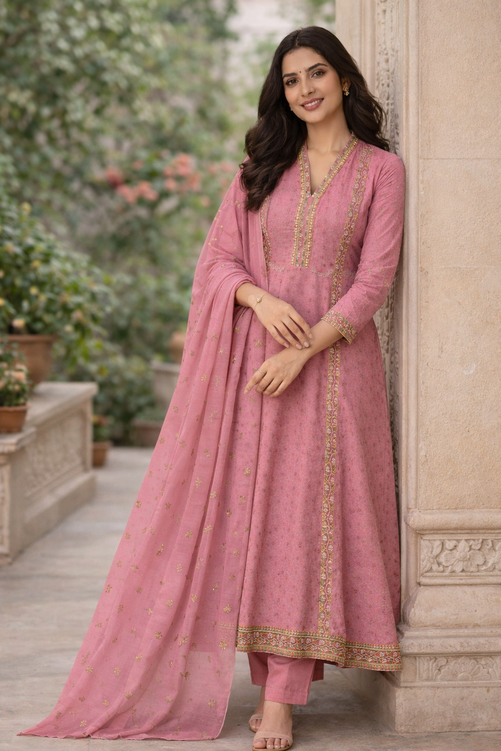 Pink Embroidered Anarkali Kurti Set for Women with Printed Chiffon Dupatta