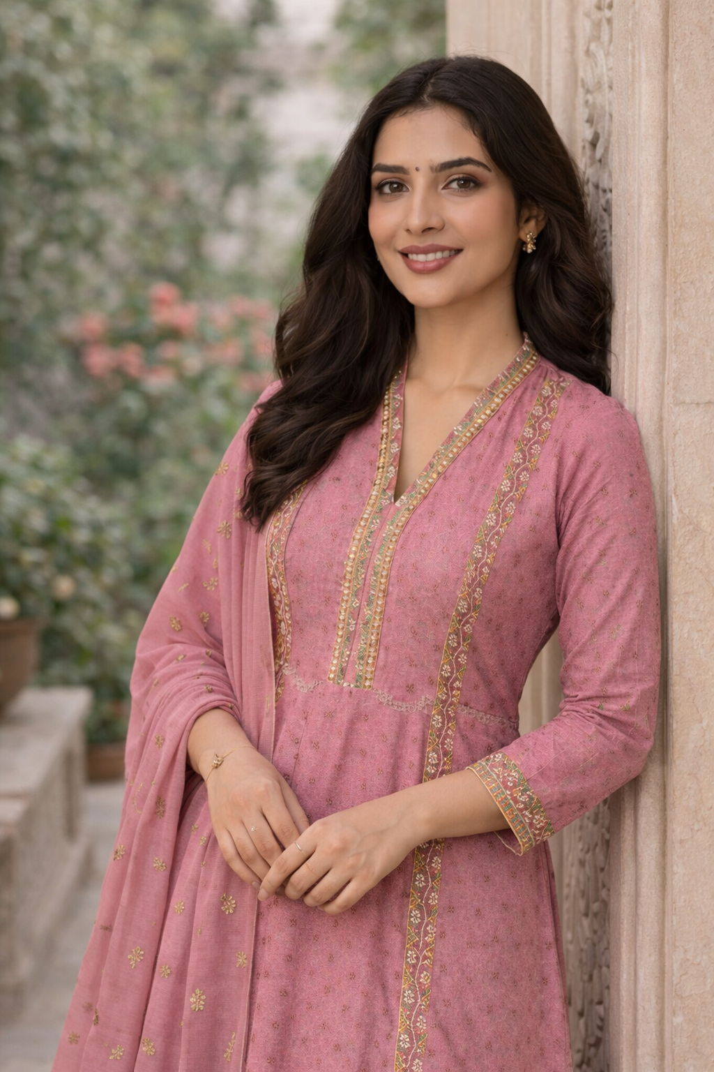 Pink Embroidered Anarkali Kurti Set for Women with Printed Chiffon Dupatta