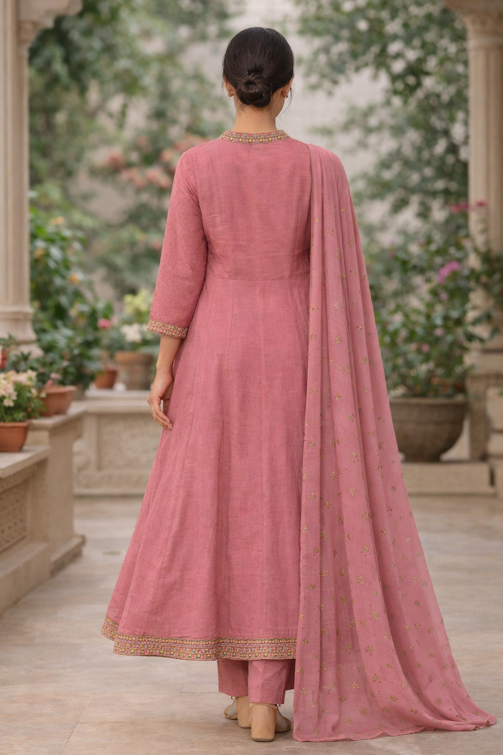 Pink Embroidered Anarkali Kurti Set for Women with Printed Chiffon Dupatta