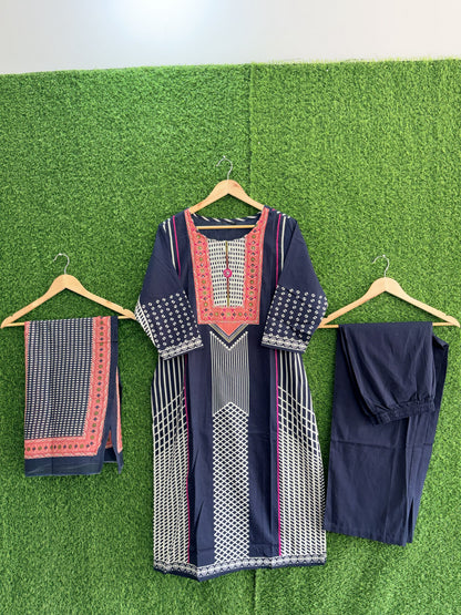 Navy Blue Printed Kurta Set with Dupatta & Pant