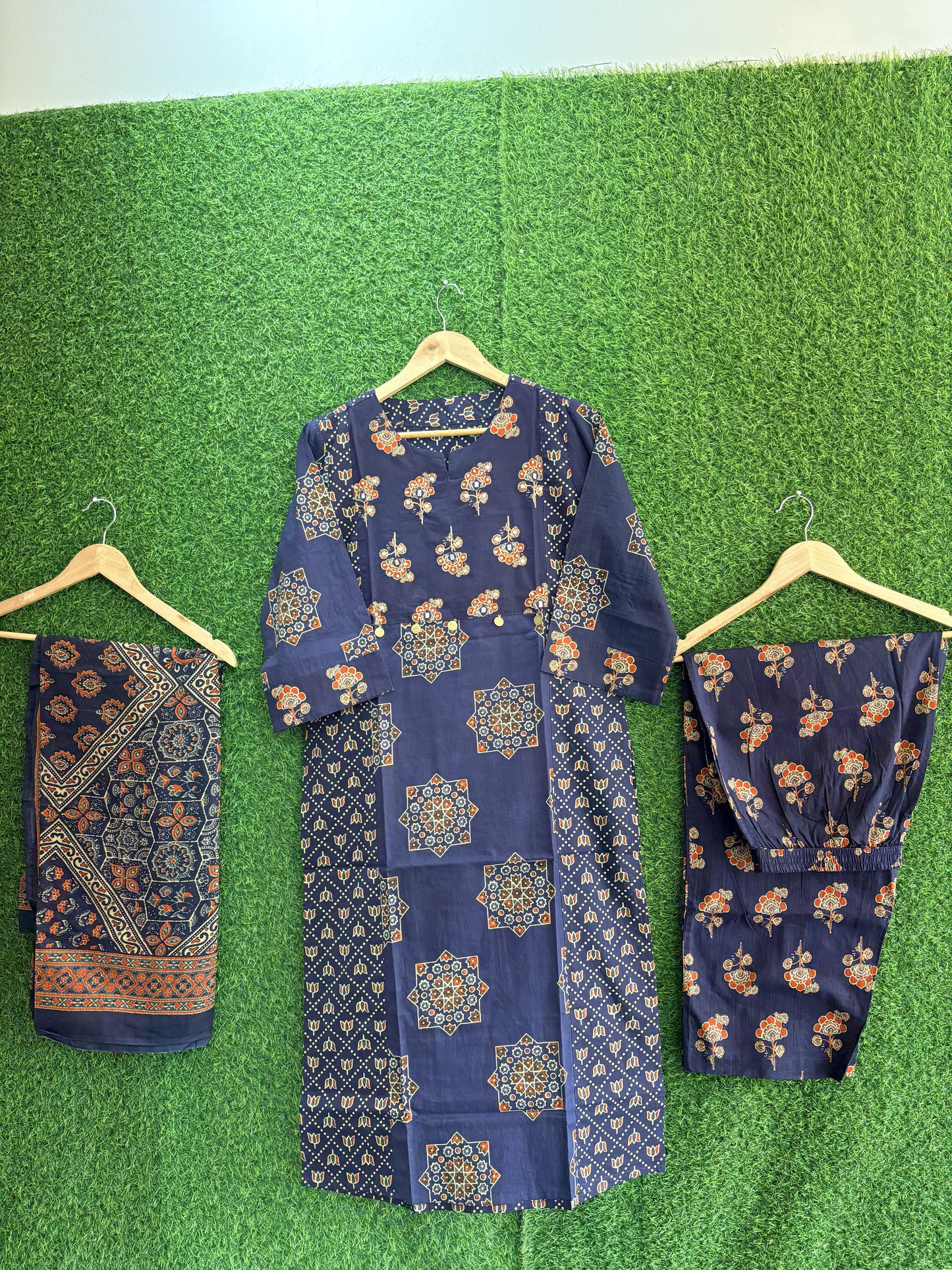 Navy Blue Printed Cotton Kurti Set with Dupatta & Pant