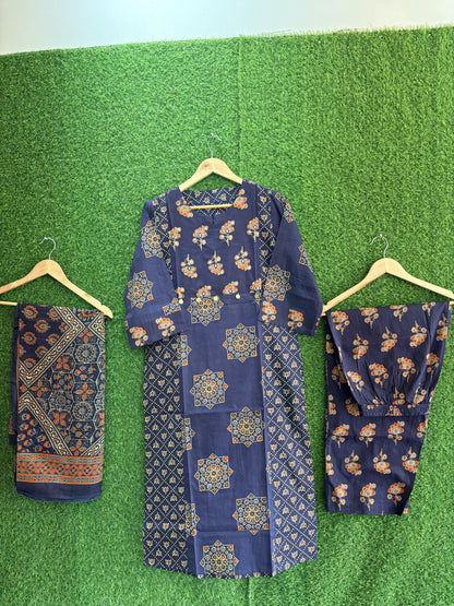 Navy Blue Printed Cotton Kurti Set with Dupatta & Pant