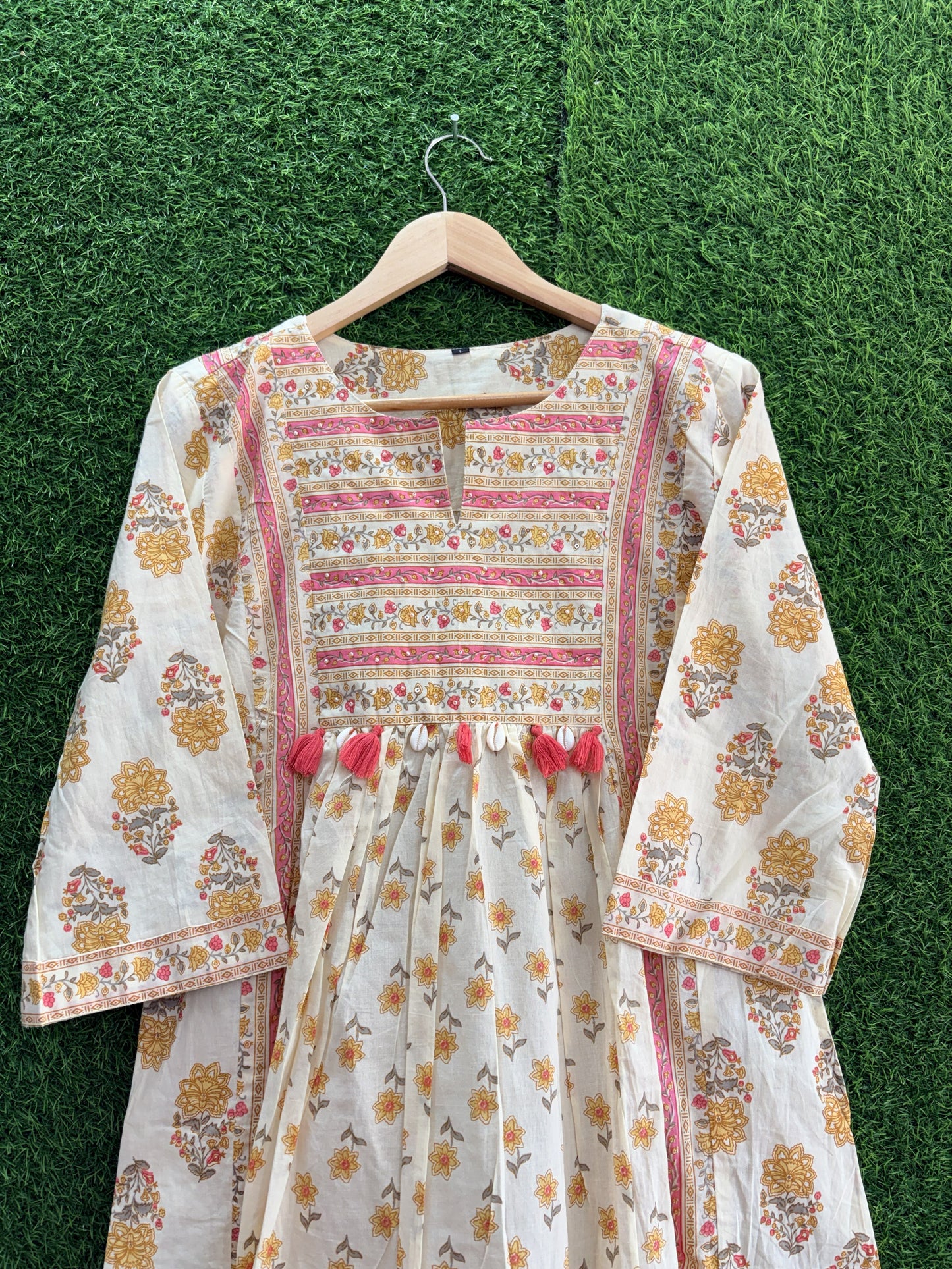 Ivory Floral Printed A-Line Kurta Set with Dupatta & Pant