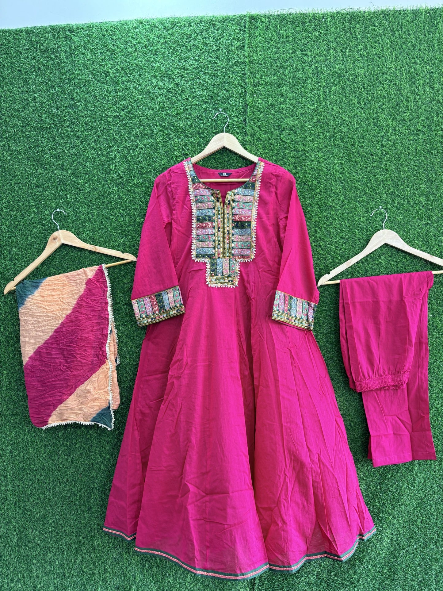 Rani Pink Embroidered Cotton Anarkali Kurti Set with Dupatta & Pant