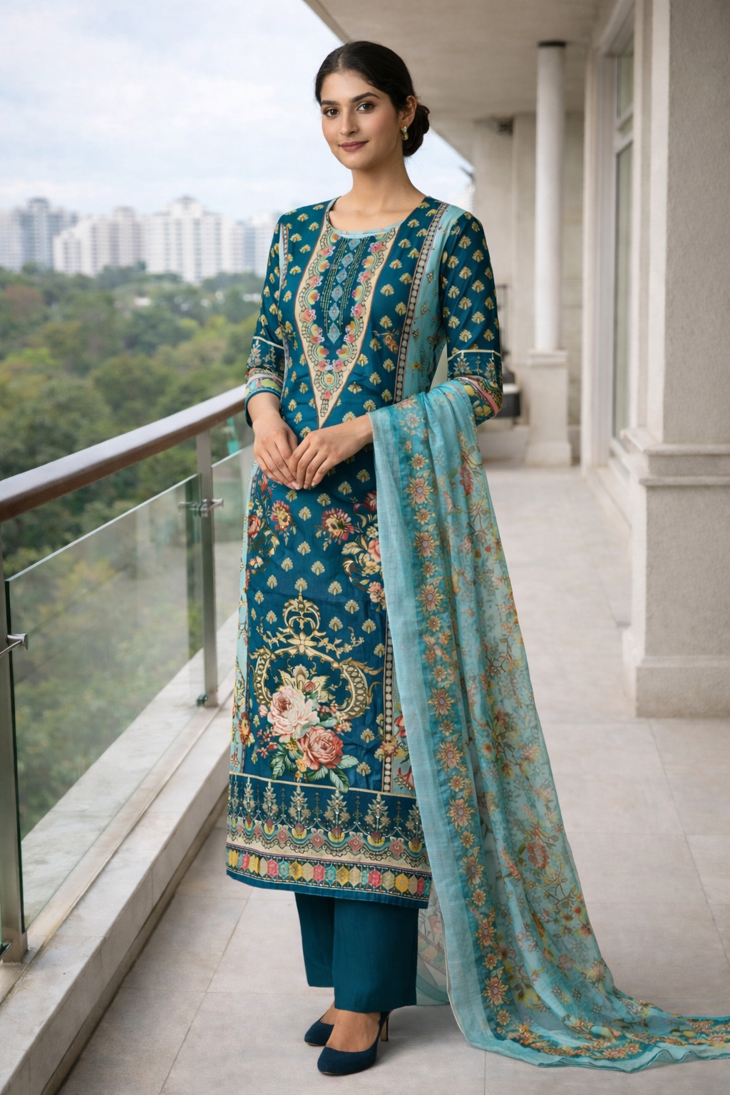 Digital Print Straight Kurti Set for Women with Handwork