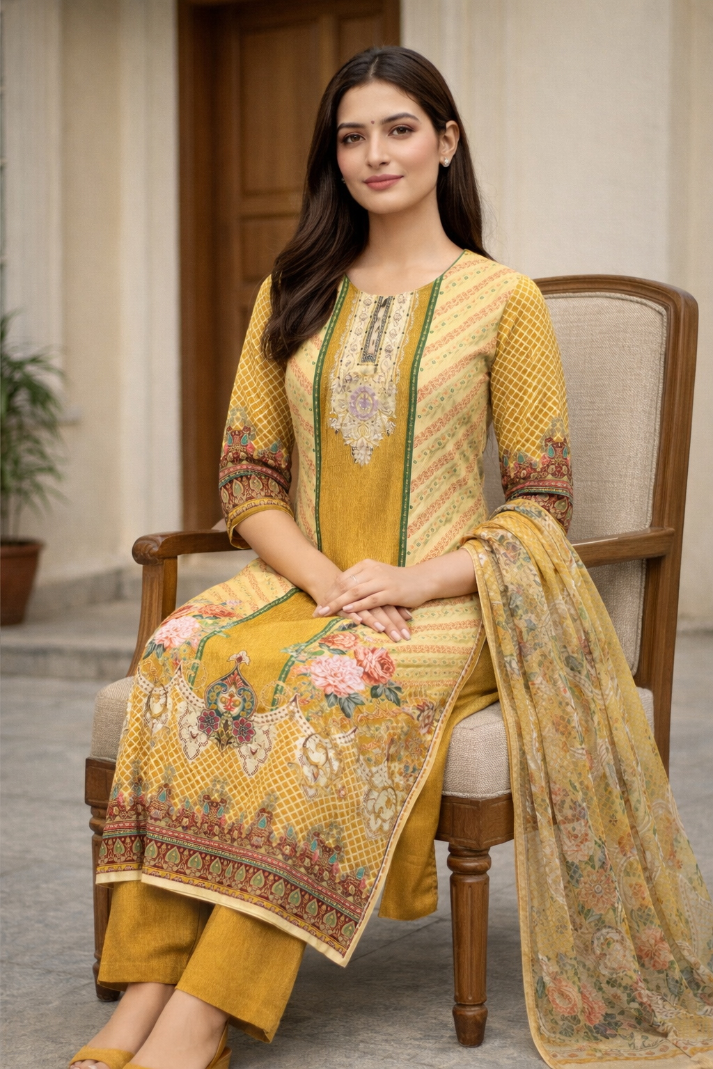 Mustard Yellow Digital Print Straight Kurti Set for Women with Dupatta