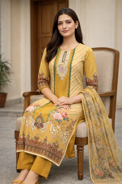 Mustard Yellow Digital Print Straight Kurti Set for Women with Dupatta