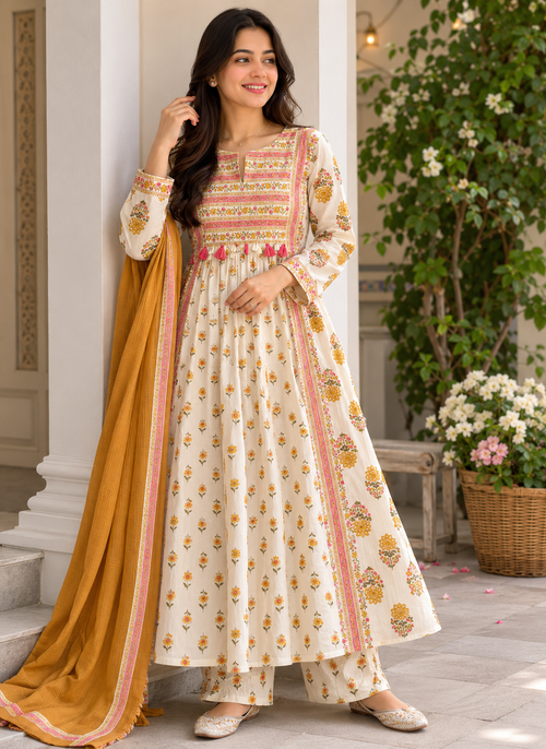 Ivory Floral Printed A-Line Kurta Set with Dupatta & Pant