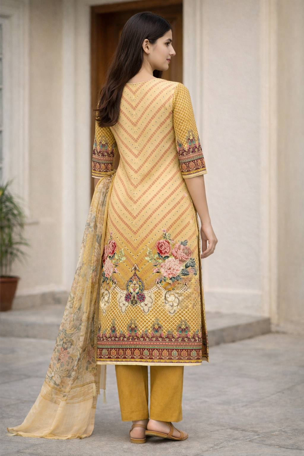 Mustard Yellow Digital Print Straight Kurti Set for Women with Dupatta