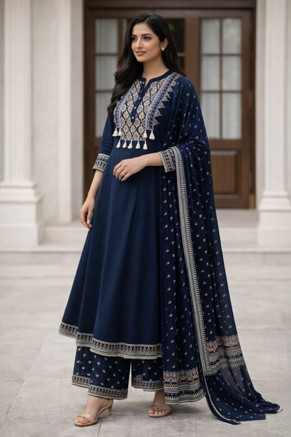 Navy Blue Cotton Anarkali Set for Women – Embroidered Ethnic Wear