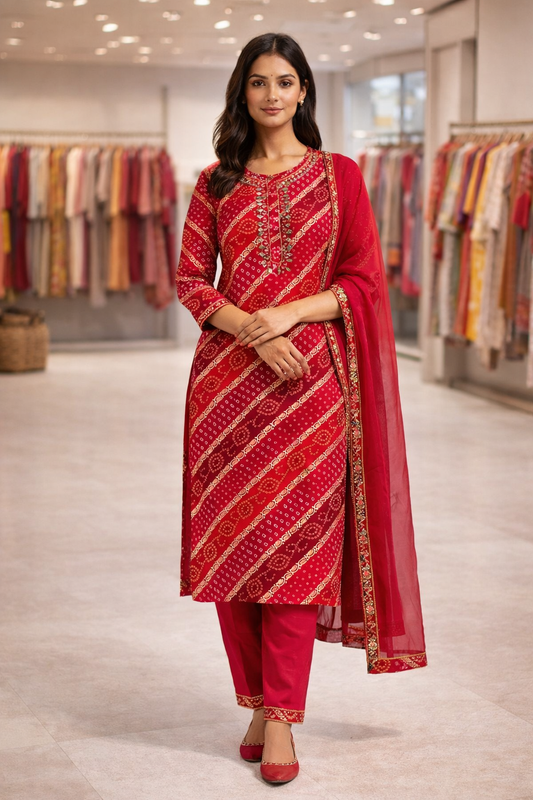 Rani Pink Bandhani Embroidered Rayon Kurta Set for Women with Dupatta