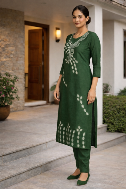 Emerald Green Co-Ord Set for Women – Minimal Plain Work Outfit