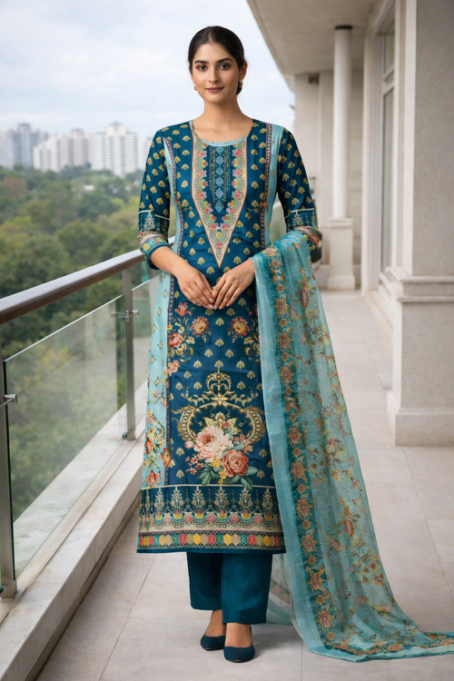 Digital Print Straight Kurti Set for Women with Handwork