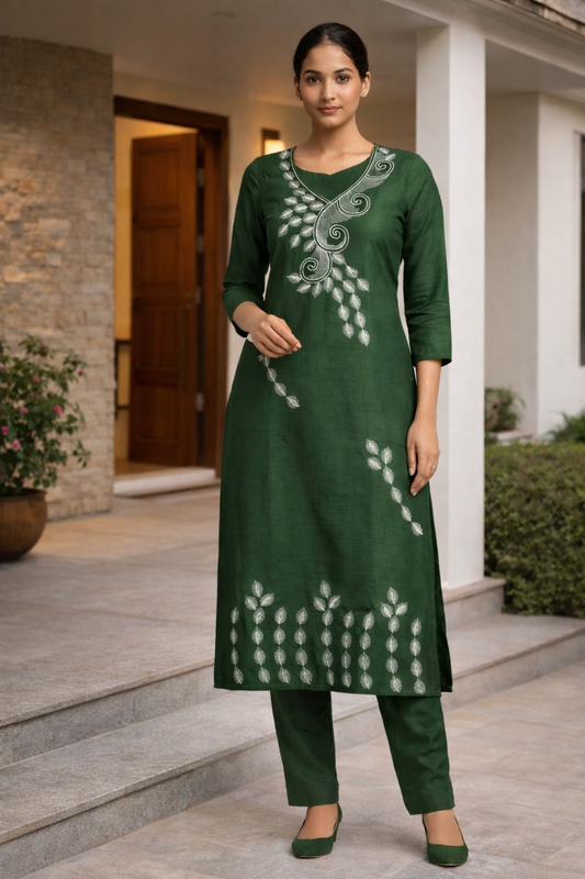 Emerald Green Co-Ord Set for Women – Minimal Plain Work Outfit
