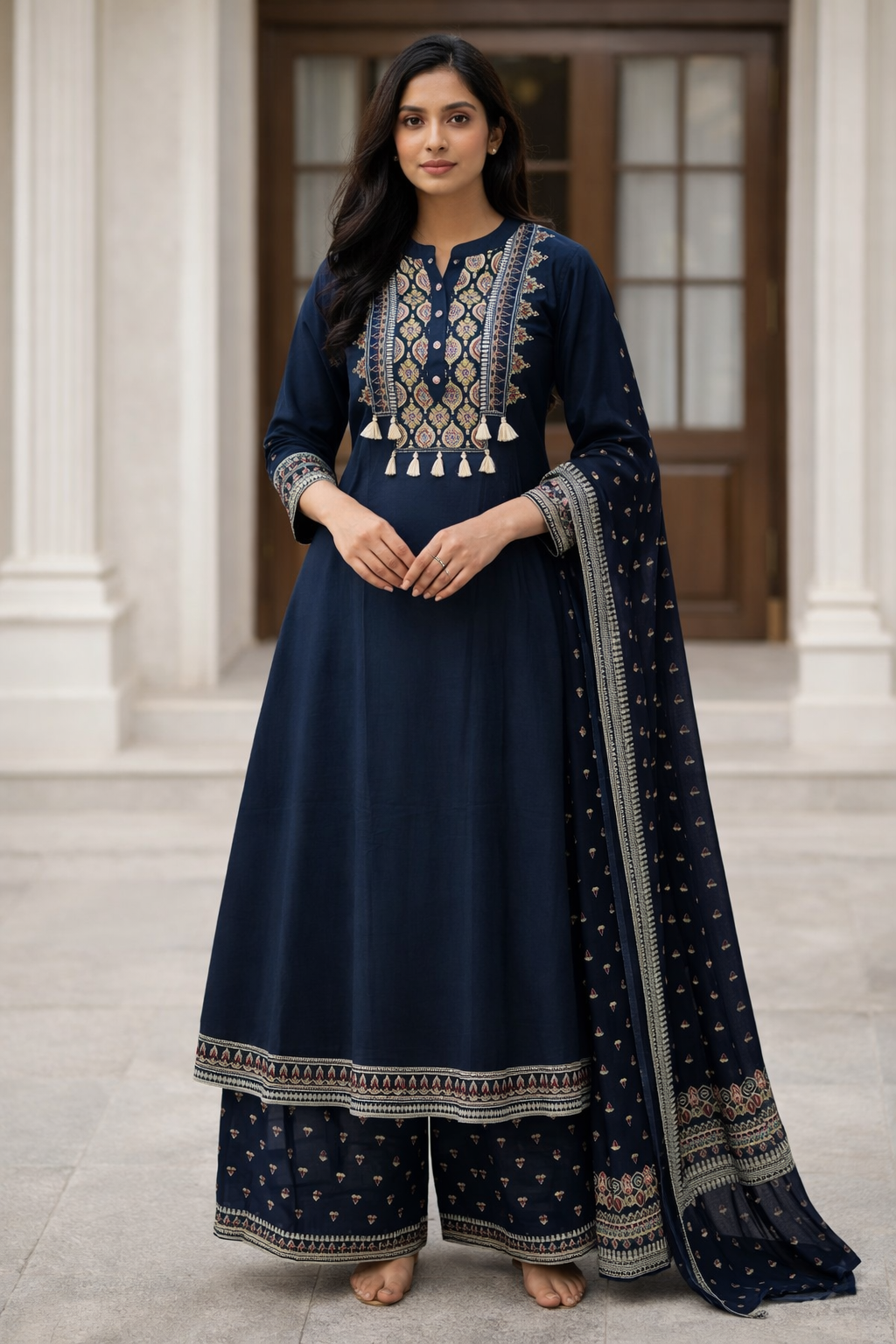 Navy Blue Cotton Anarkali Set for Women – Embroidered Ethnic Wear
