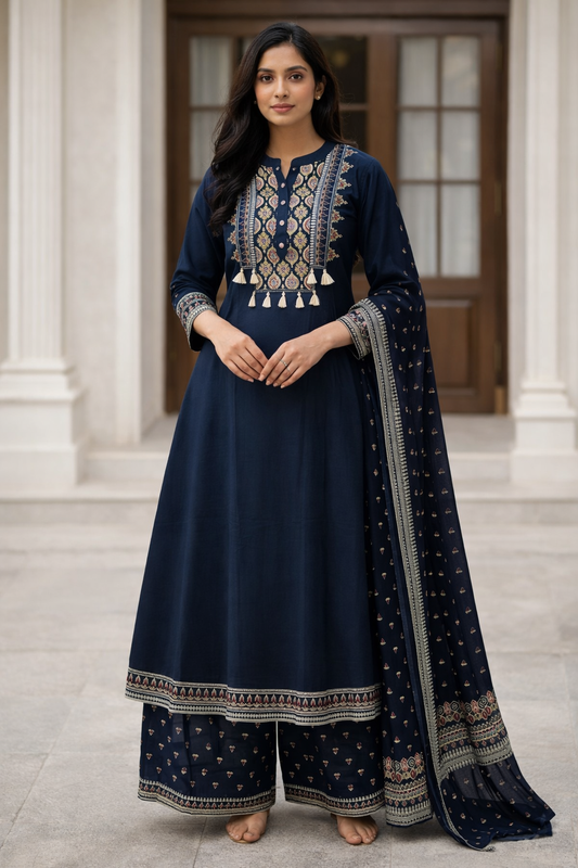 Navy Blue Cotton Anarkali Set for Women – Embroidered Ethnic Wear