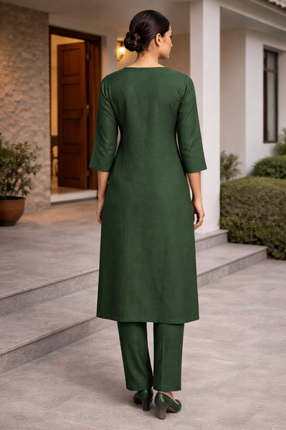 Emerald Green Co-Ord Set for Women – Minimal Plain Work Outfit