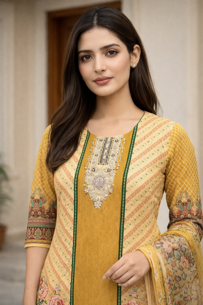 Mustard Yellow Digital Print Straight Kurti Set for Women with Dupatta