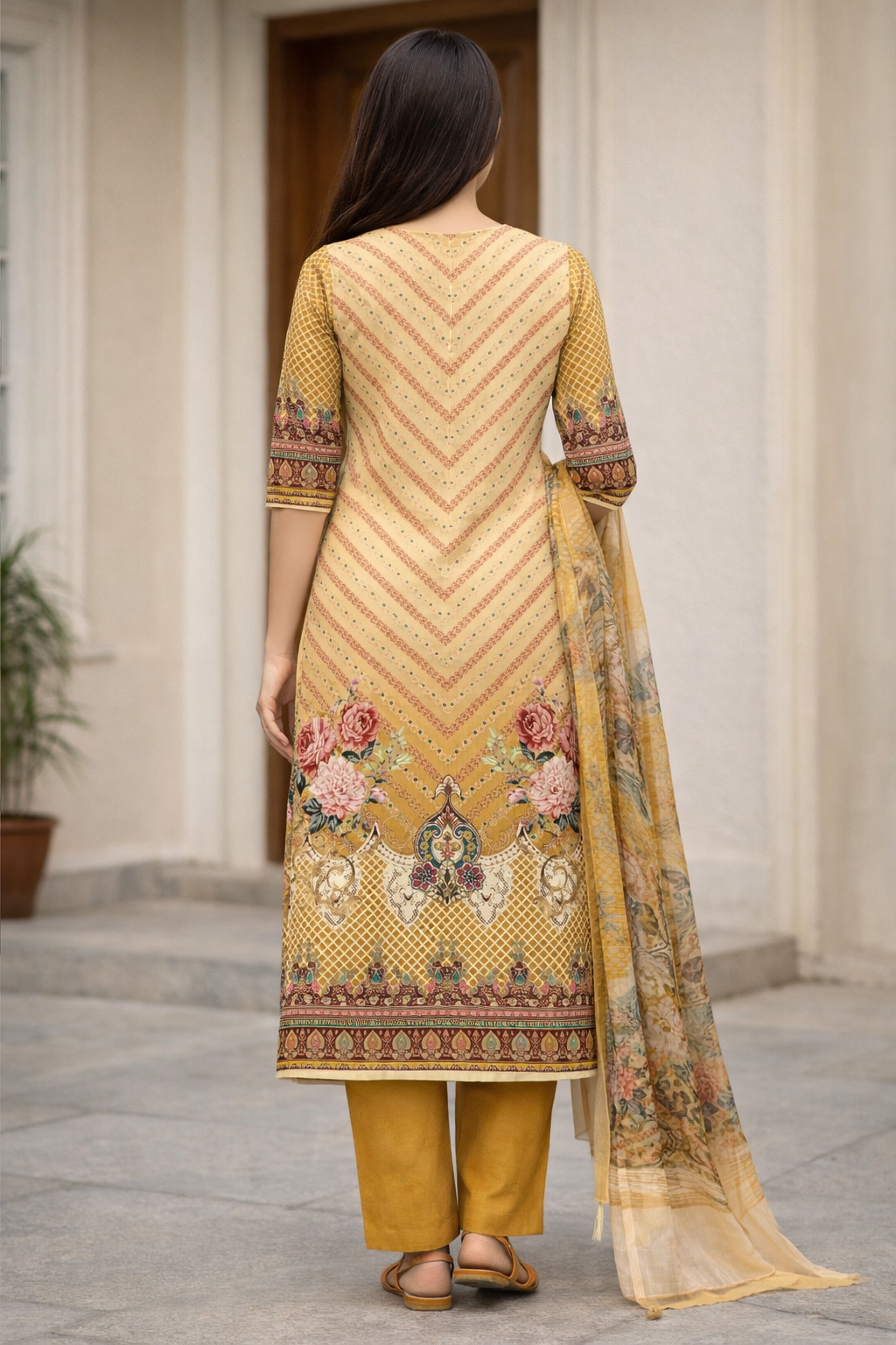Mustard Yellow Digital Print Straight Kurti Set for Women with Dupatta