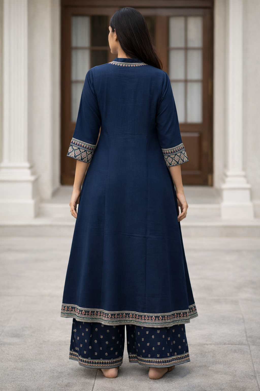 Navy Blue Cotton Anarkali Set for Women – Embroidered Ethnic Wear