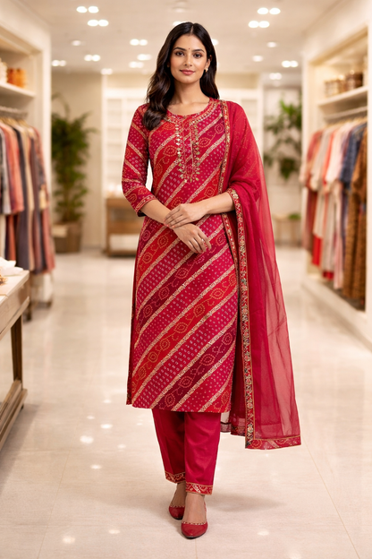 Rani Pink Bandhani Embroidered Rayon Kurta Set for Women with Dupatta