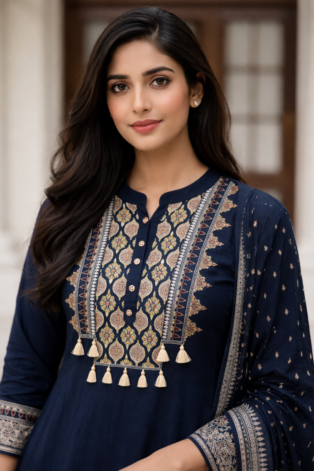 Navy Blue Cotton Anarkali Set for Women – Embroidered Ethnic Wear