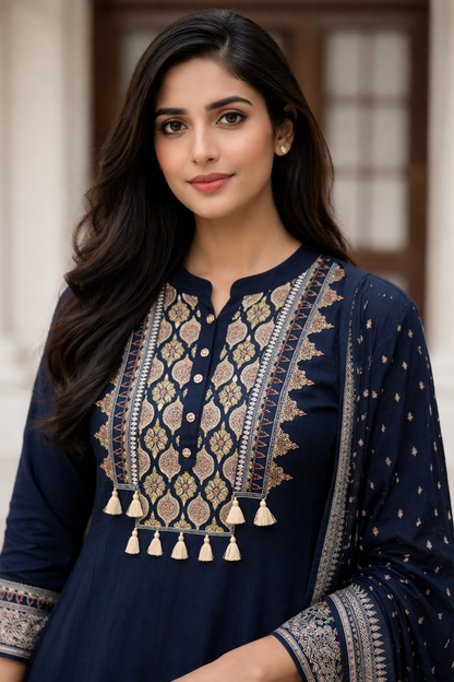 Navy Blue Cotton Anarkali Set for Women – Embroidered Ethnic Wear