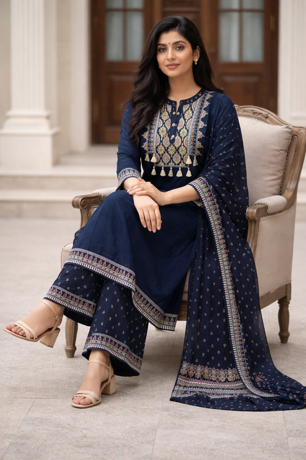 Navy Blue Cotton Anarkali Set for Women – Embroidered Ethnic Wear