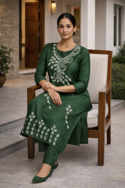 Emerald Green Co-Ord Set for Women – Minimal Plain Work Outfit